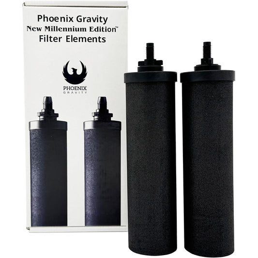 Two Berkey Phoenix Gravity New Millennium Edition filter elements next to their retail box