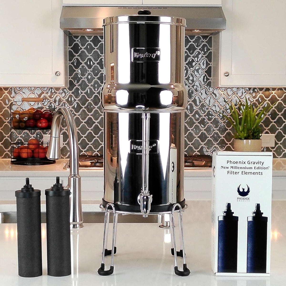 Stainless steel Berkey system on a kitchen counter with two Phoenix filter elements and box