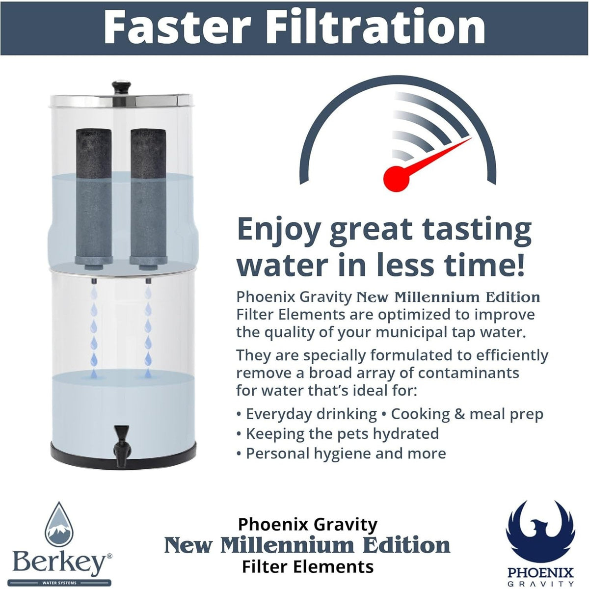 Faster Filtration infographic showing a Berkey system with Phoenix elements