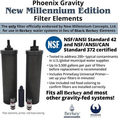 Phoenix filter elements infographic: NSF/ANSI 42 and NSF/ANSI/CAN 372 certified, includes PrimeEasy primer and red food coloring