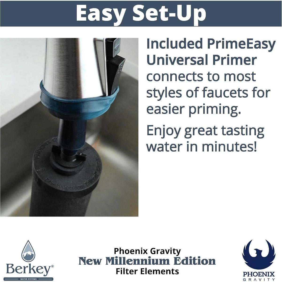 Easy Set-Up infographic showing the PrimeEasy Universal Primer on a faucet