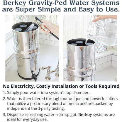 Berkey gravity-fed system being filled and dispensing water, three simple steps