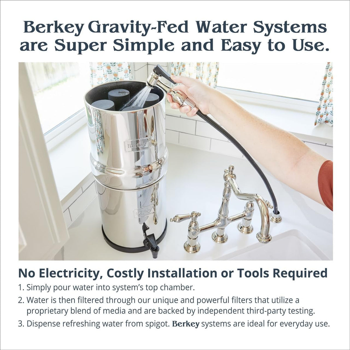 Big Berkey being filled at the sink, three simple steps, no electricity or plumbing