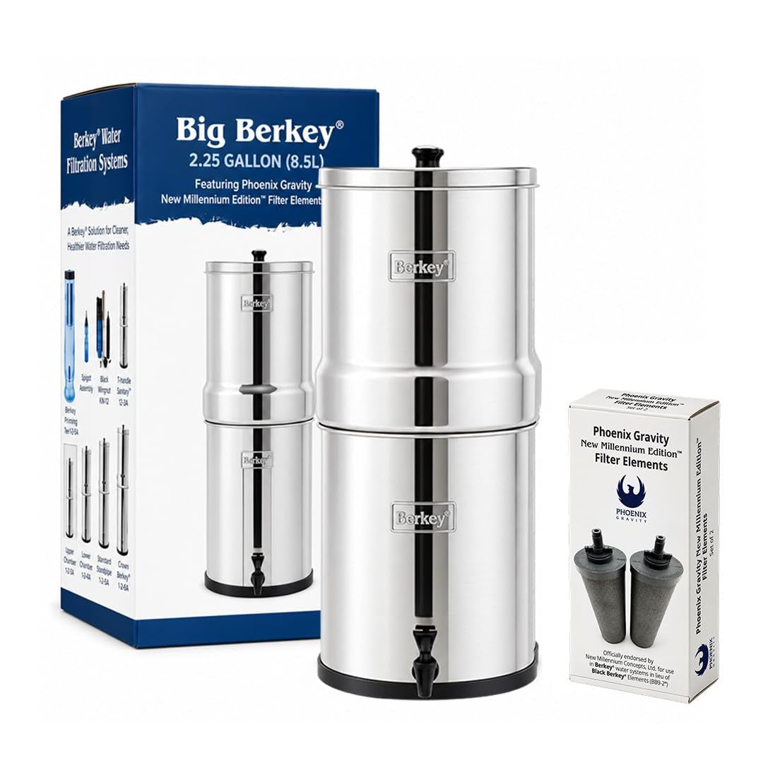 Big Berkey 2.25 gallon stainless steel system with its box and Phoenix filter elements