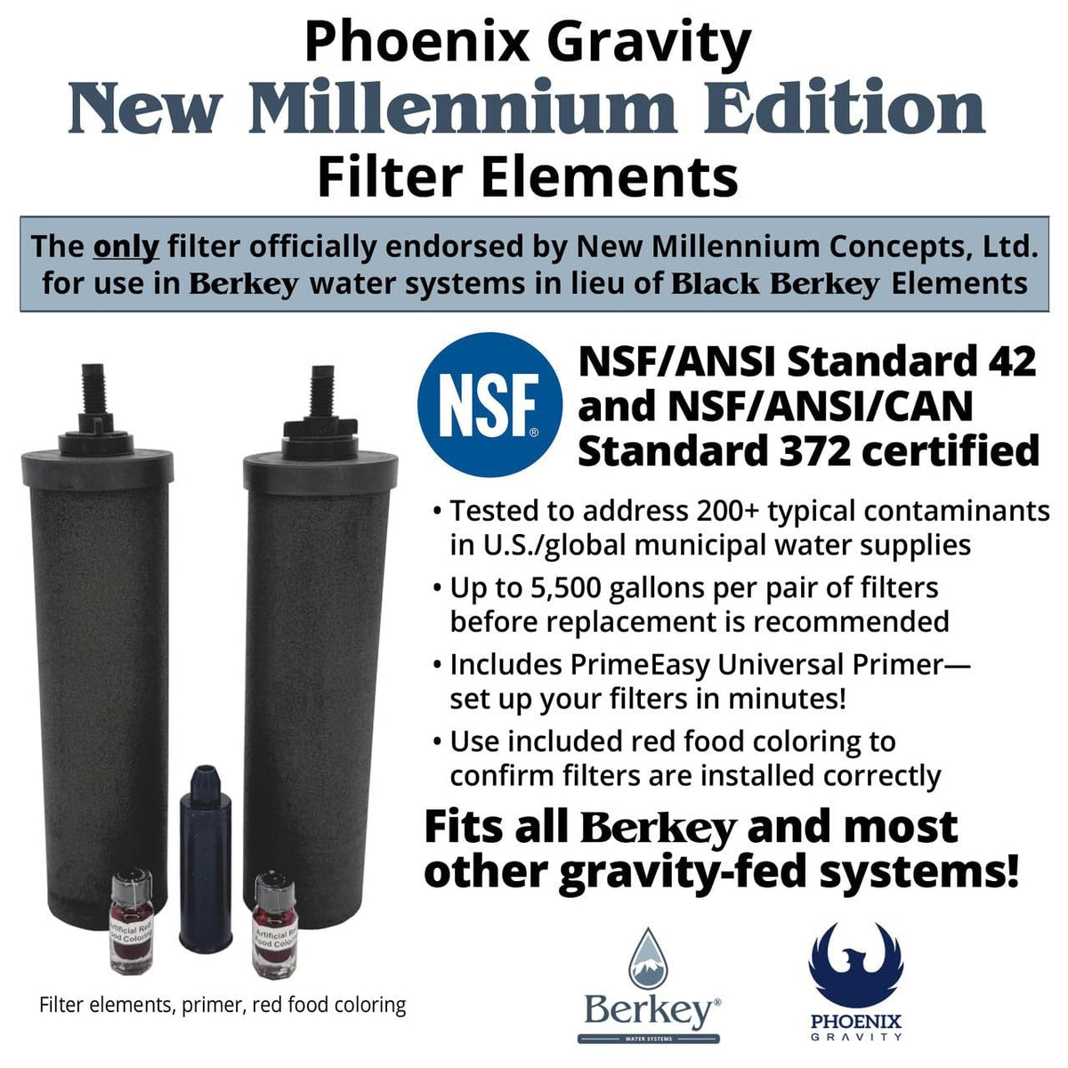 Phoenix filter elements infographic: NSF/ANSI 42 and NSF/ANSI/CAN 372 certified