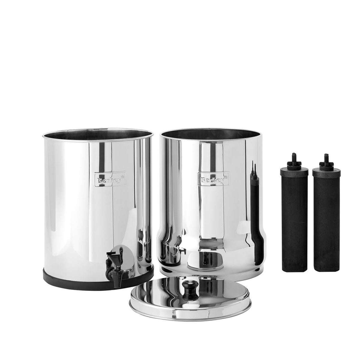 Royal Berkey upper and lower stainless chambers, lid and two Phoenix elements