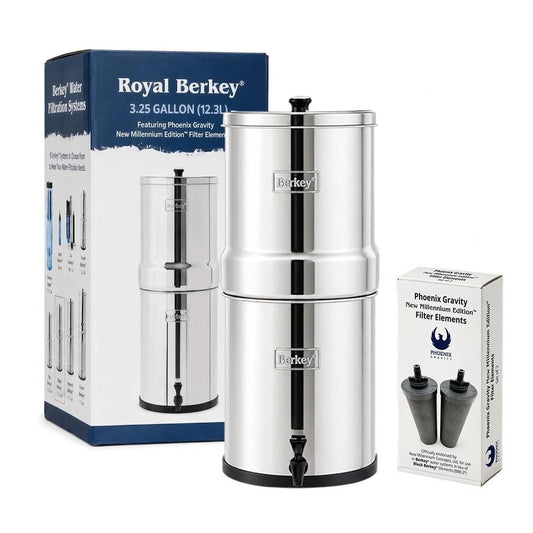 Royal Berkey 3.25 gallon stainless steel system with its box and Phoenix filter elements
