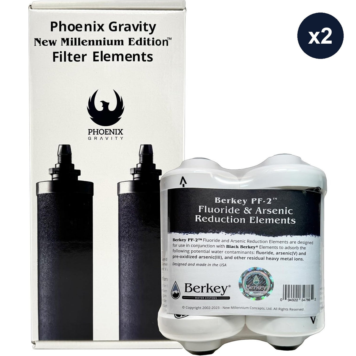 Combo Pack - 2 Berkey PF-2 Fluoride and Arsenic Reduction Elements + 2 NSF 42/372 Certified Phoenix Gravity New Millennium Edition Filter Elements