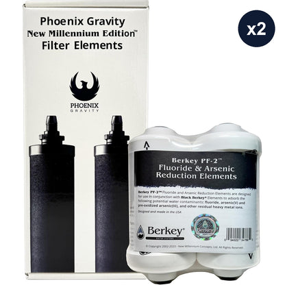 Combo Pack - 2 Berkey PF-2 Fluoride and Arsenic Reduction Elements + 2 NSF 42/372 Certified Phoenix Gravity New Millennium Edition Filter Elements