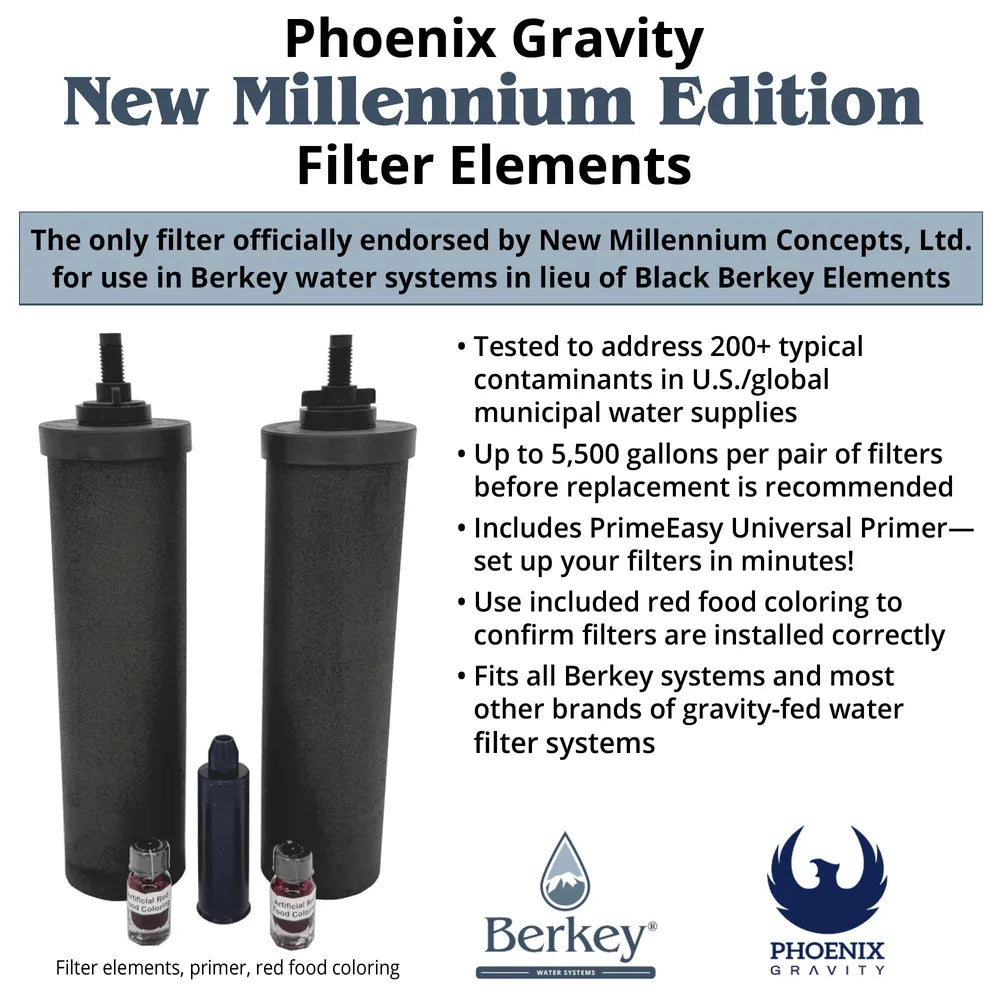 Phoenix filter benefits infographic: endorsed replacement, NSF 42 and 372 certified, fits all Berkey systems