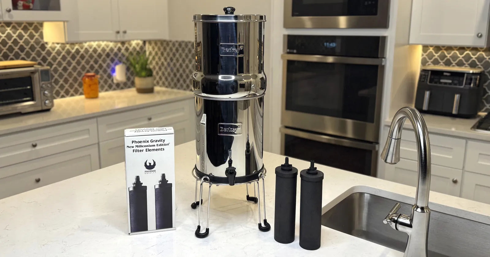 Berkey stainless steel system with Phoenix filters on a kitchen counter