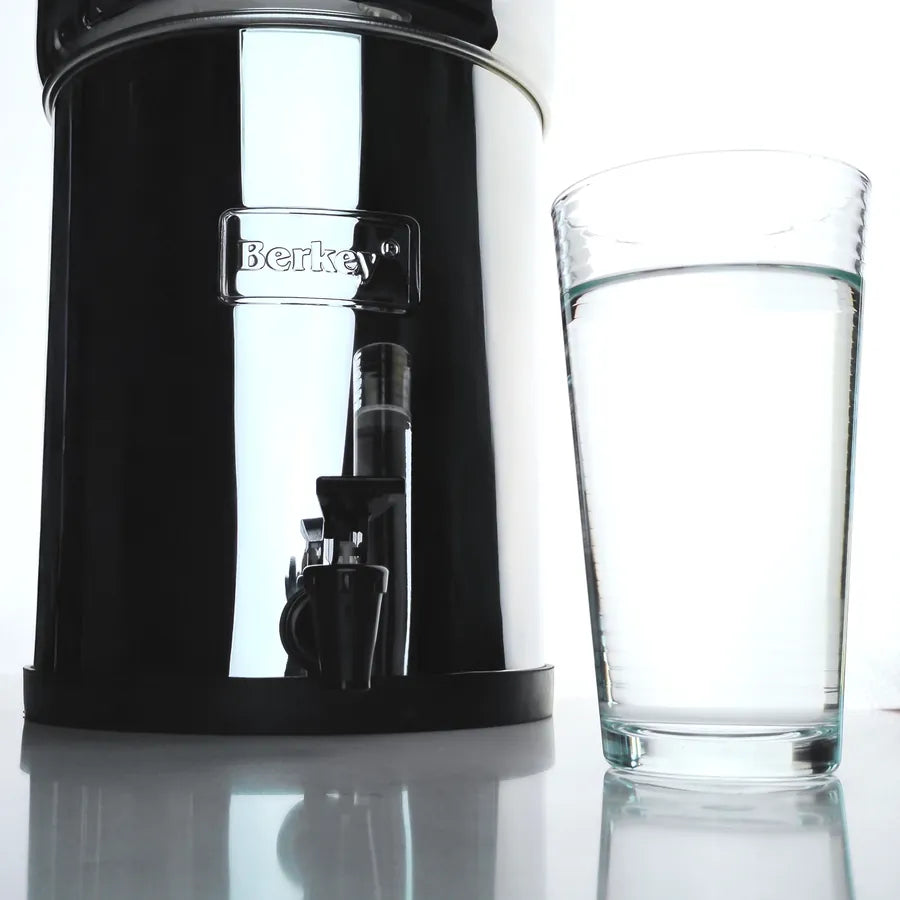 Berkey stainless steel system beside a glass of filtered water